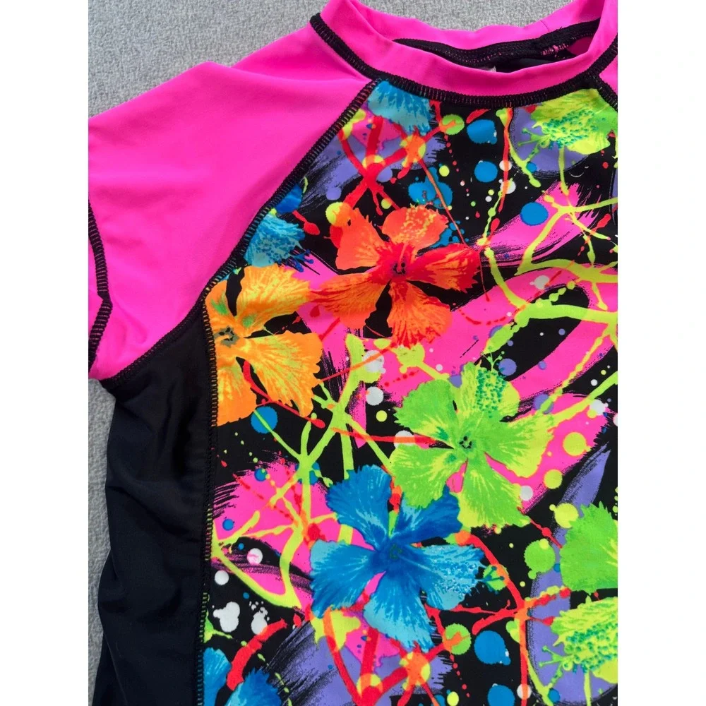 Breaking Waves Rash Guard Girls 14 Multicolor Neon Floral Splatter Beachwear